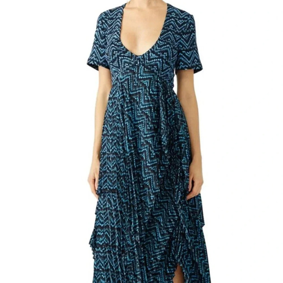 A.L.C. Kylia 100% Silk Blue Black Abstract Pleated Maxi Dress Size 4 - Picture 3 of 13